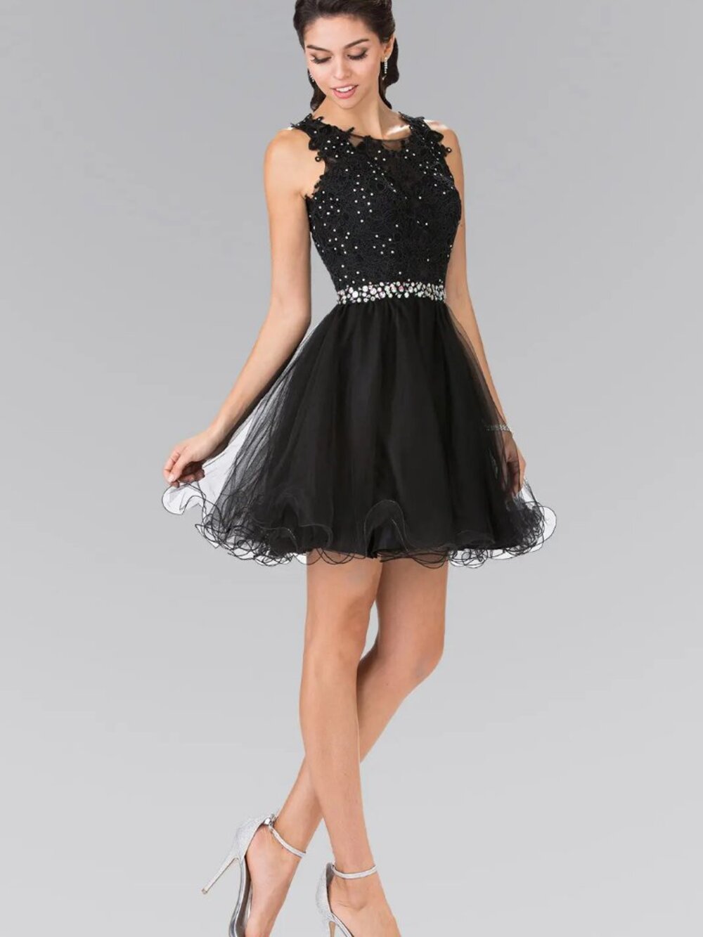 NEW BLACK Lace & Beaded Illusion Neckline Cocktail Dress Embellished GS2375
